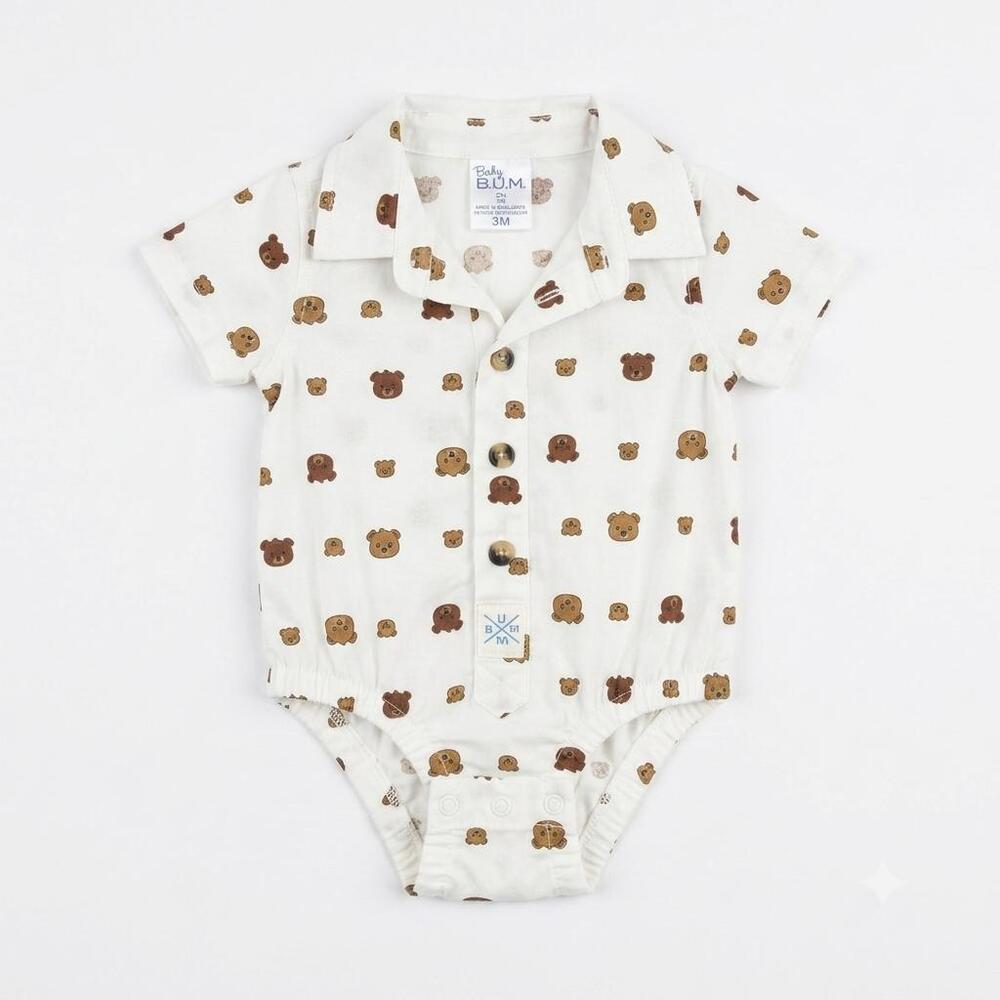 Baby B.U.M. Teddy Bear Print Short-Sleeve Collared Bodysuit - Size 3M